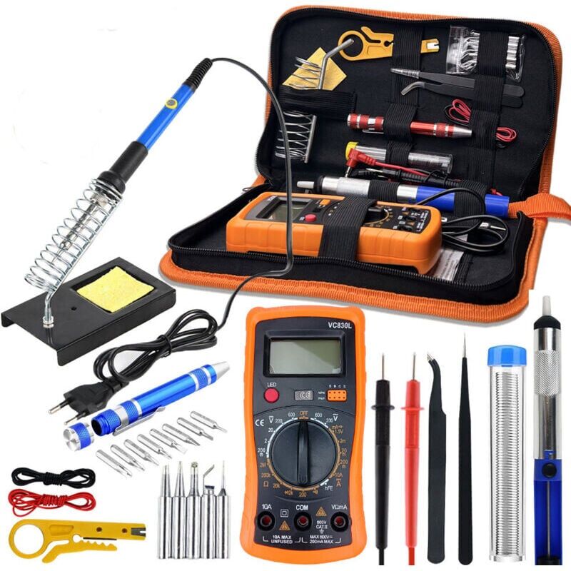foto del prodotto kit saldatore da 60 w, temperatura regolabile 200 450 c, multimetro, 5 punte per saldatura, saldatore, filo per saldatura, pinzette, spelafili e