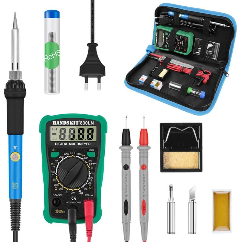 foto del prodotto kit saldatore digitale da 60 w con temperatura regolabile da 200 a 450 , multimetro elettrico, pompa dissaldante, strumento di saldatura