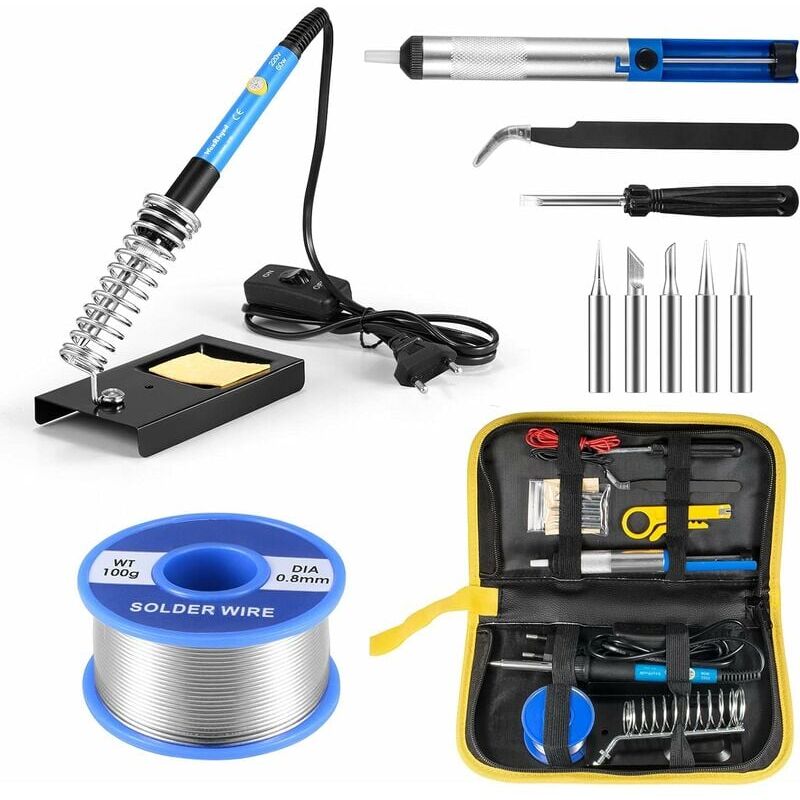 foto del prodotto kit saldatore dpzo 60w 220v con temperatura regolabile, pompa dissaldante, porta filo per saldatore con 5 punte per saldatura, pinzette, pompa