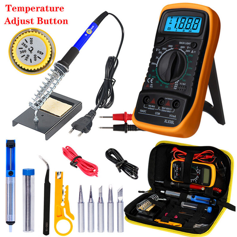 foto del prodotto kit saldatore kit saldatore elettrico 60w temperatura regolabile con multimetro digitale, supporto per saldatore, pompa dissaldante e borsa attrezzi