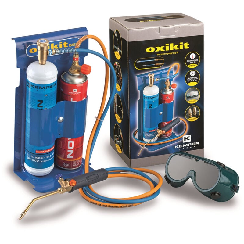 foto del prodotto kit saldatura a gas con cannello punte bombole e occhiali oxygas kemper