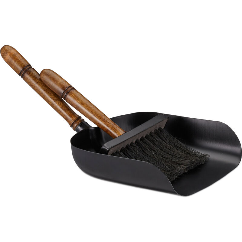 immagine 0 del prodotto kit scopa e paletta per camino, set accessori pulizia legna e stufa, in ferro e manico in legno, nero marrone relaxdays