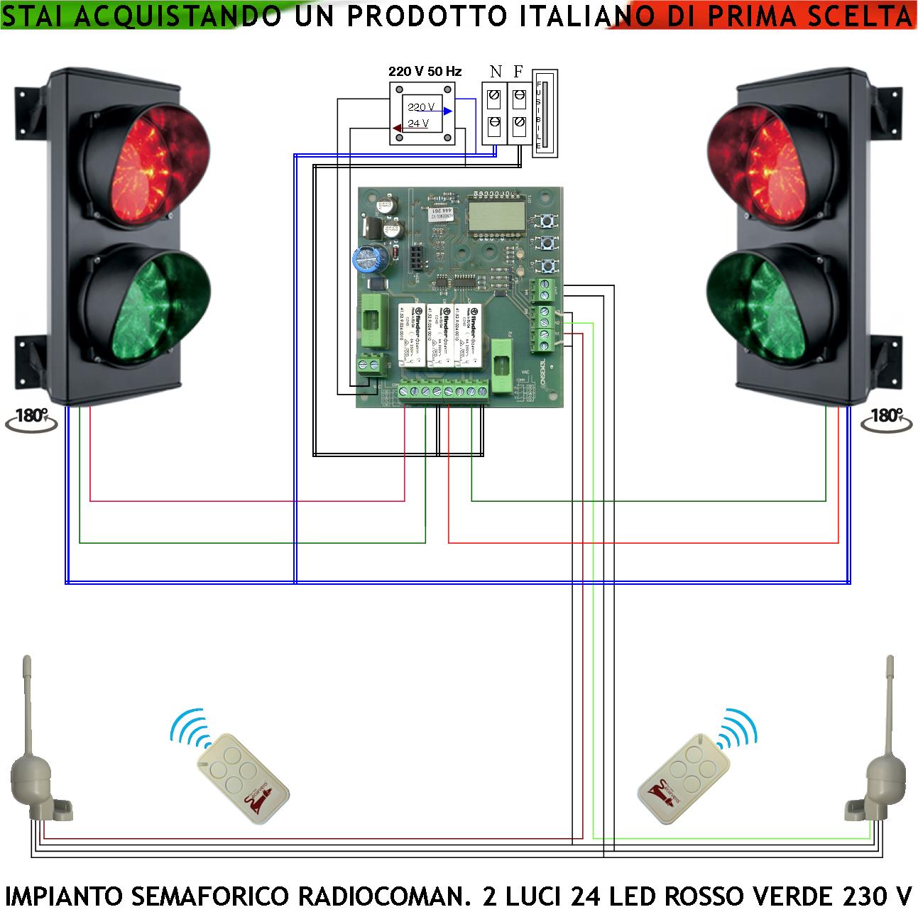 foto del prodotto kit semafori orientabile 180 per condominio 24 led rossi e 24 led verdi lente 124 mm aliment. 230 v 3 w ip65 tempi regolabili da 8 a 120. operatore prenota con radiocomandi ingresso o sosta garage