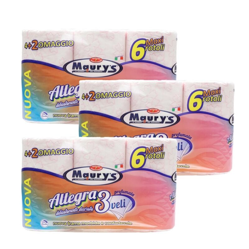 foto del prodotto kit set 3 pz maury s carta igienica 6 maxi rotoli 3 veli colorata profumata