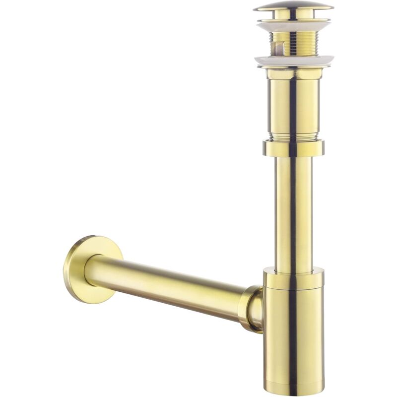 foto del prodotto kit sifone per scarico e troppopieno per lavabo in oro spazzolato, sifone antiodore universale dal design in ottone, sifone da 1 1 4
