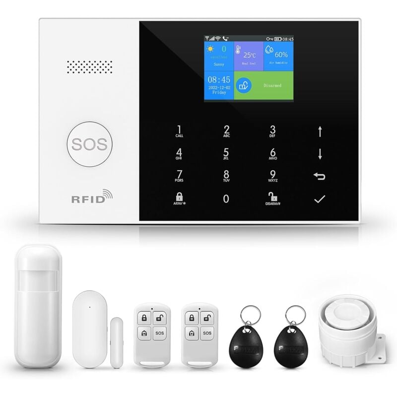 foto del prodotto kit sistema di allarme wireless smart home 2.4g wifi gsm connesso 1 sirena, 1 rilevatore di apertura porta finestra, 2 telecomandi, 1 sensore di