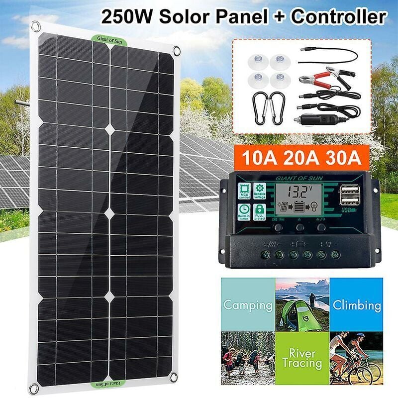 foto del prodotto kit sistema solare da 250 w, 1 pannello solare monocristallino flessibile, modulo fotovoltaico, regolatore di carica solare da 20 a per camper,