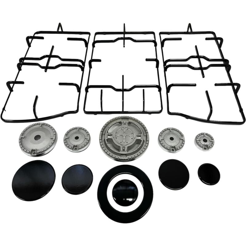 foto del prodotto kit sostituzione franke, 3 griglie + 5 fornelli cucina piattelli e bruciatori. dimensioni griglia dx/sx 422x212 mm griglia centrale 390x230 mm