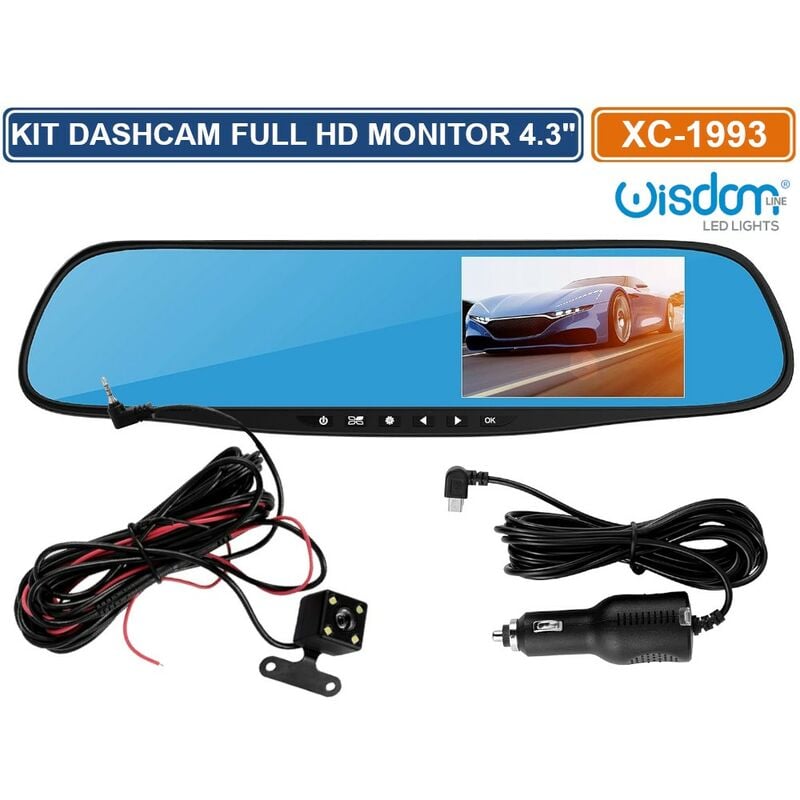 foto del prodotto kit specchietto retrovisore monitor 4.3 con dashcam e telecamera retromarcia registra sd card full hd 1080p 
