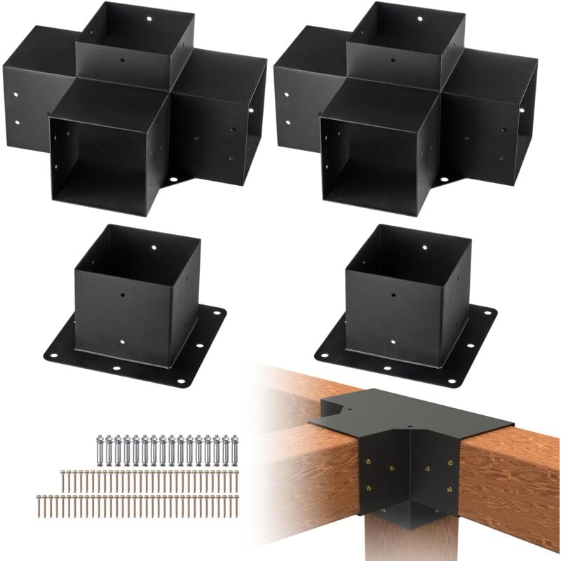 foto del prodotto kit staffe per pergola 15x15 cm supporto per pali in legno da carpenteria 2 staffe angolari a 4 vie 2 basi per travi fai da te per gazebo, pergolati