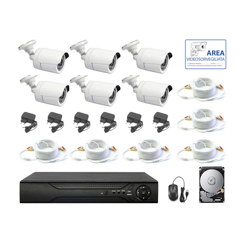 foto del prodotto kit telecamere 5 mpx ahd 6 telecamere cavi ip dvr 8 canali hd 500 gb
