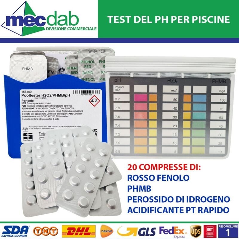 foto del prodotto kit test 156100 in pastiglie per misurare e controllare ossigeno e ph completo di scala colorimetrica per piscina pooltester