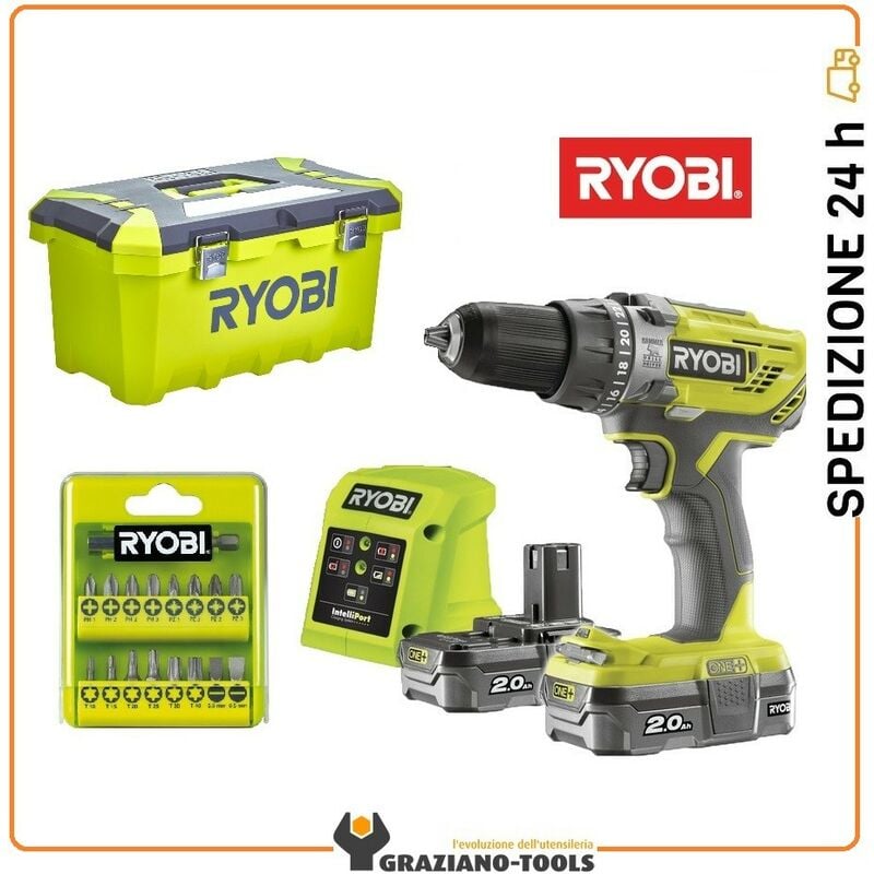 foto del prodotto kit trapano a percussione 18v toolbox e set inserti ryobi art. r18pd3 220t