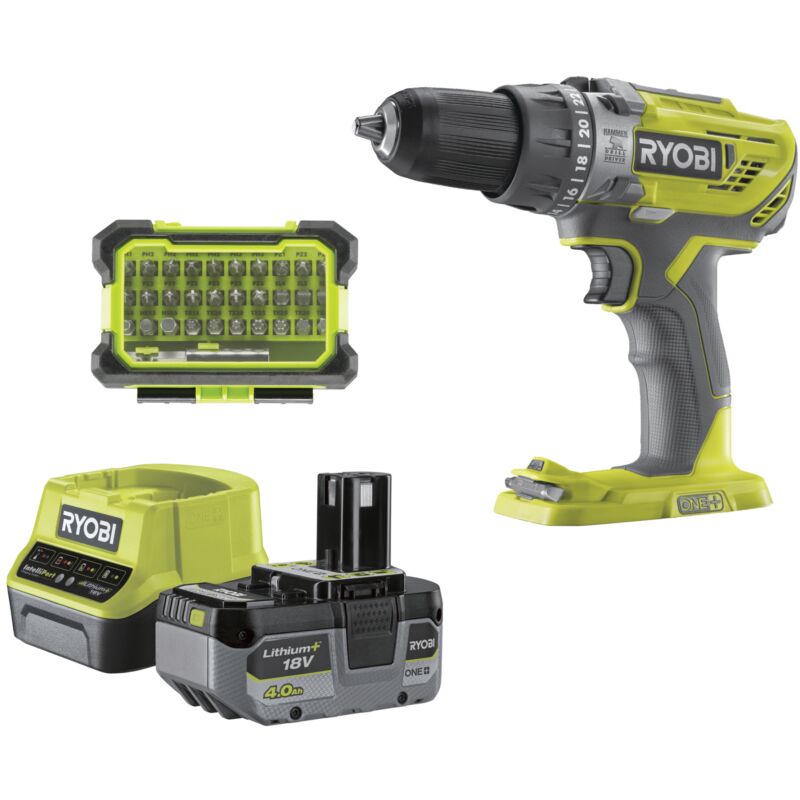 foto del prodotto kit trapano a percussione a batteria ryobi r18pd3 140sa con set punte 18v 4ah e caricabatterie