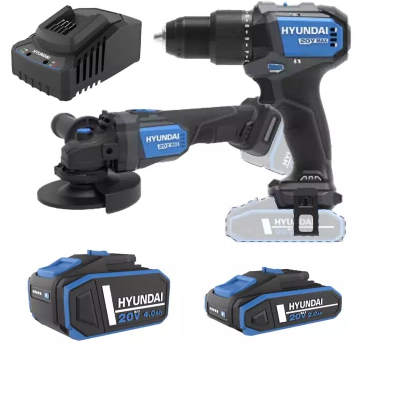 foto del prodotto kit trapano a percussione e smerigliatrice angolare a batteria hyundai 2 batterie 20v 2ah 4ah e caricabatterie cod. 25851