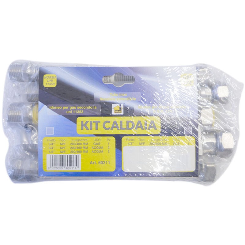 foto del prodotto kit tubi flessibili estensibili caldaia acciaio inox 200 400 gas 3 4 mf uni 11353 2 1 2 mf 2 3 4 mf acqua dm 174