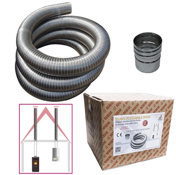 foto del prodotto kit tubo acciaio inox 316 flessibile 10 mt diametro 60 mm interno liscio a norma ce en 1856 2 canna fumaria