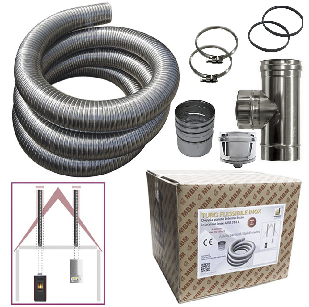 foto del prodotto kit tubo acciaio inox 316 flessibile 10 mt diametro 80 mm interno liscio a norma ce en 1856 2 canna fumaria