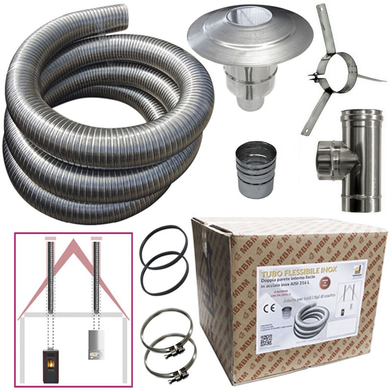 foto del prodotto kit tubo acciaio inox 316 flessibile 10 mt diametro 80 mm interno liscio a norma ce en 1856 2 canna fumaria
