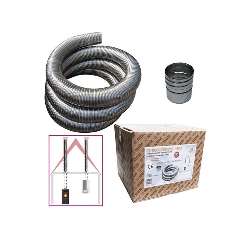 foto del prodotto kit tubo acciaio inox 316 flessibile 3 mt diametro 80 mm interno liscio a norma ce en 1856 2 canna fumaria