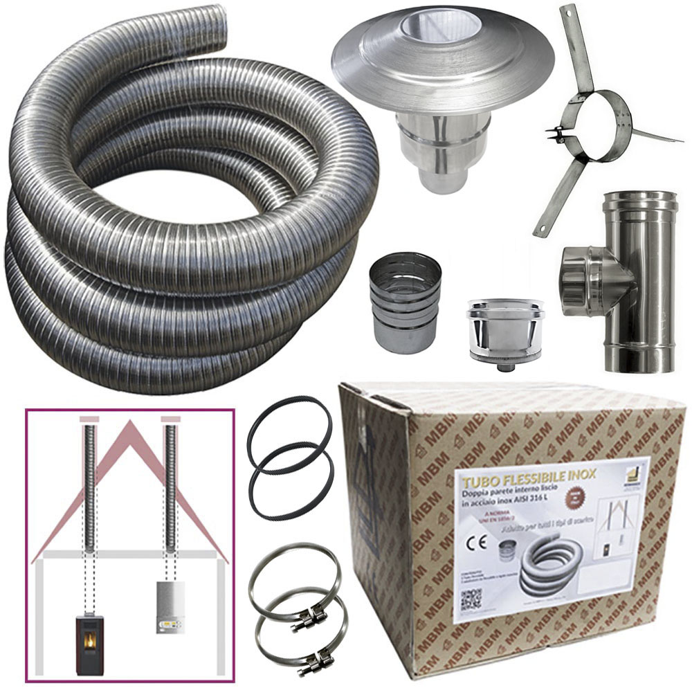 foto del prodotto kit tubo acciaio inox 316 flessibile 3 mt diametro 80 mm interno liscio a norma ce en 1856 2 canna fumaria