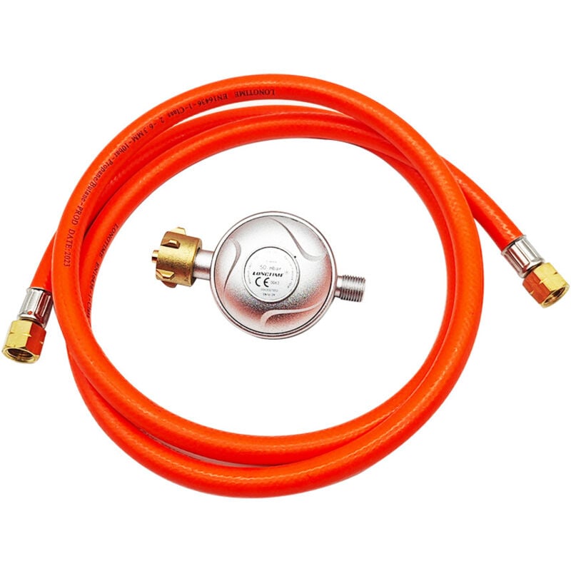 foto del prodotto kit tubo gas da 150 cm riduttore di pressione massima. 30 mbar per regolatore di gas gpl, propano, butano, attacchi a vite a sinistra