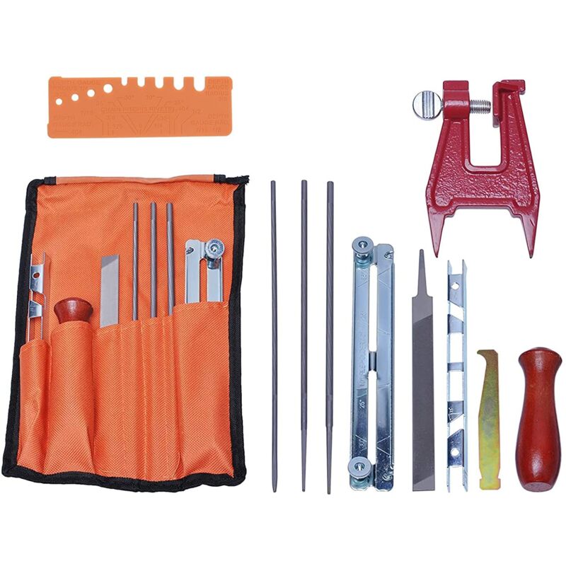 foto del prodotto kit universale per affilatura motosega, set di lime per motosega con lime, manici in legno, calibro di profondit , guida di lucidatura, borsa