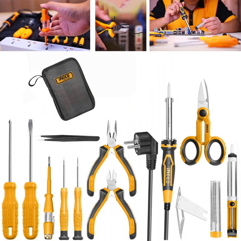 foto del prodotto kit utensili elettricista saldatore forbice cacciaviti pinze set borsa ingco hktts0131