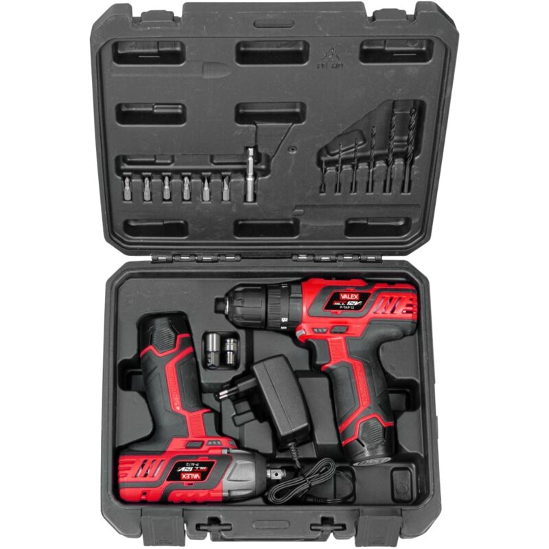 foto del prodotto kit valigetta trapano con percussione e avvitatore impulsi a batteria valex 2 batterie 12v 2ah e caricabatterie