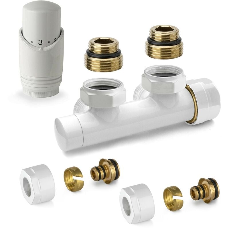 foto del prodotto kit valvola ad h termostatizzabile a squadra colore bianco con adattatore per tubi multistrato apm 343kb 015 m 16 12 bianco