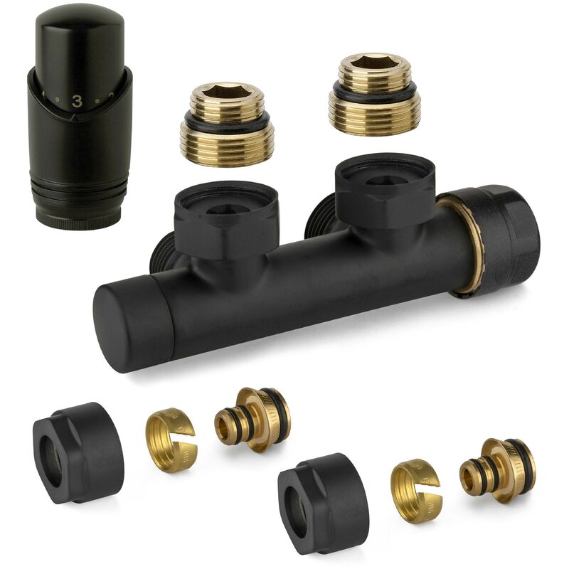 foto del prodotto kit valvola ad h termostatizzabile a squadra colore nero con adattatore per tubi multistrato apm 343knn 015 m 16 12 nero
