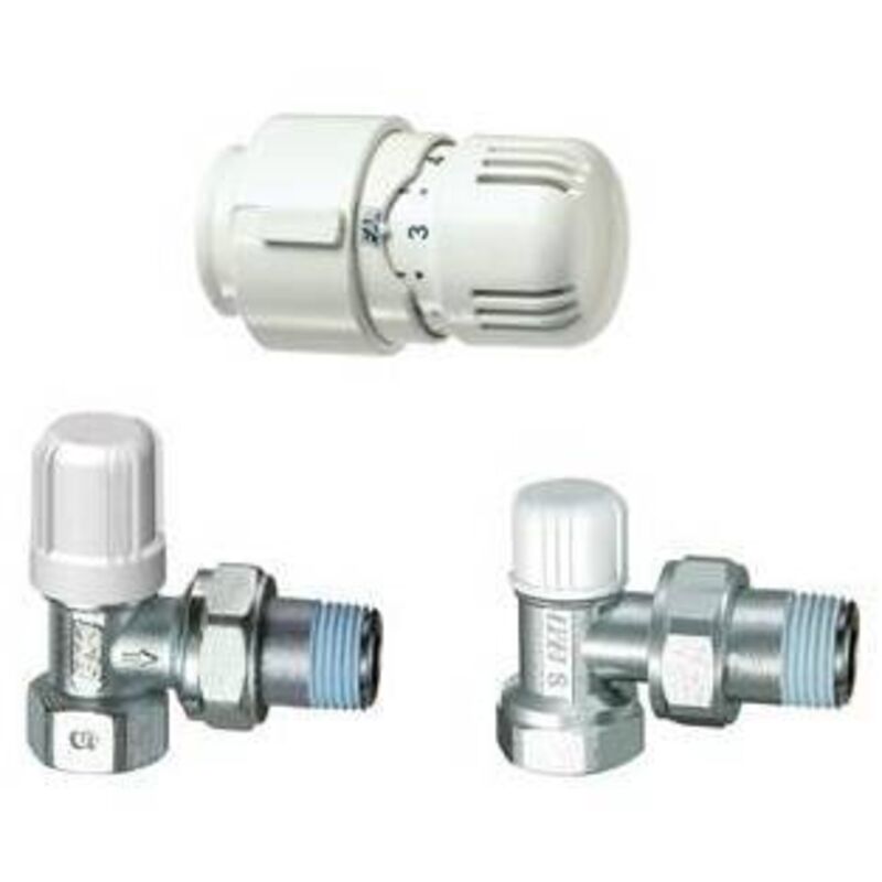 foto del prodotto kit valvola detentore a squadra testa termostatica attacco ferro 3 8 far