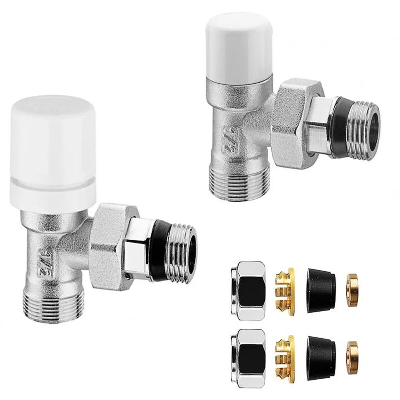 foto del prodotto kit valvola e detentore in acciaio con tappo bianco e raccordo rame 12 mm