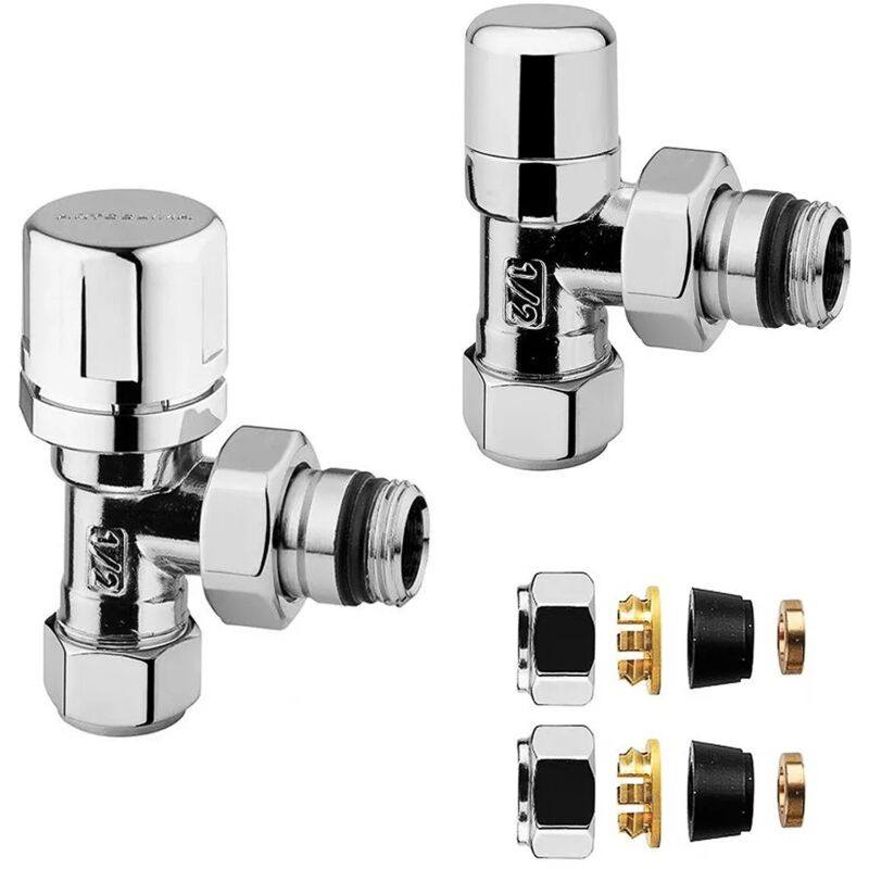 foto del prodotto kit valvola termostatica e detentore cromo con raccordo rame 14 mm