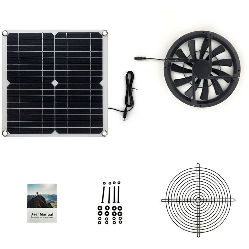 foto del prodotto kit ventola ad energia solare, ventola di scarico rotonda impermeabile con pannello solare da 12 w e 12 v, 10 pollici, con copertura, mini ventola