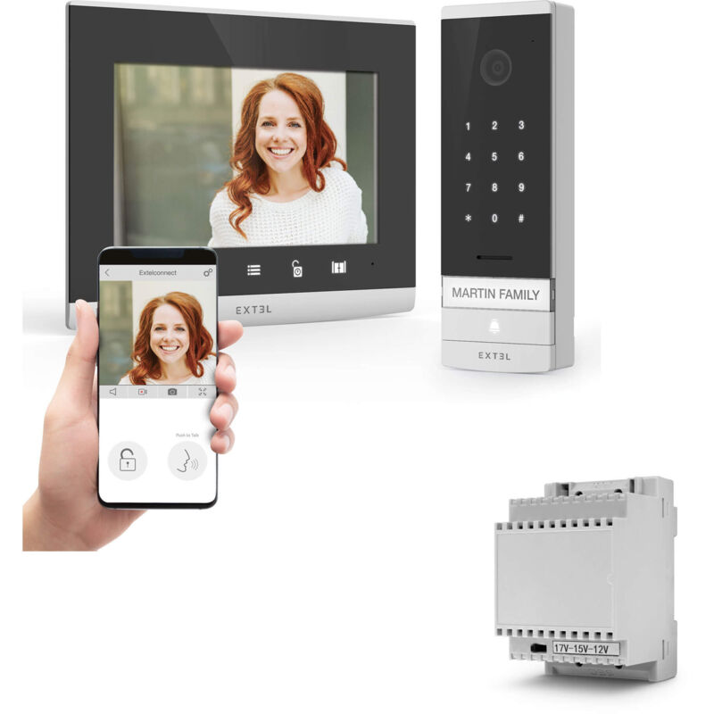 foto del prodotto kit videocitofono cablato extel code connect con tastiera integrata e trasformatore din-rail