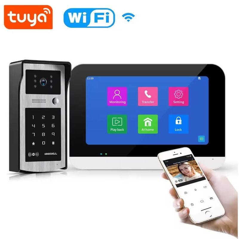 foto del prodotto kit videocitofono smart wifi con telecamera e monitor da 7 pollici tuya