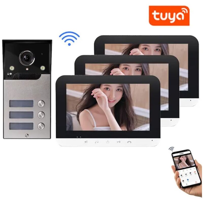 foto del prodotto kit videocitofono smart wifi per multi appartamenti 3 pulsanti con 3 monitor tuya