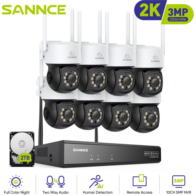 foto del prodotto kit videosorveglianza 10ch wireless 3mp telecamere visione notturna avviso e mail wifi telecamere sicurezza sistema 2tb hdd sannce