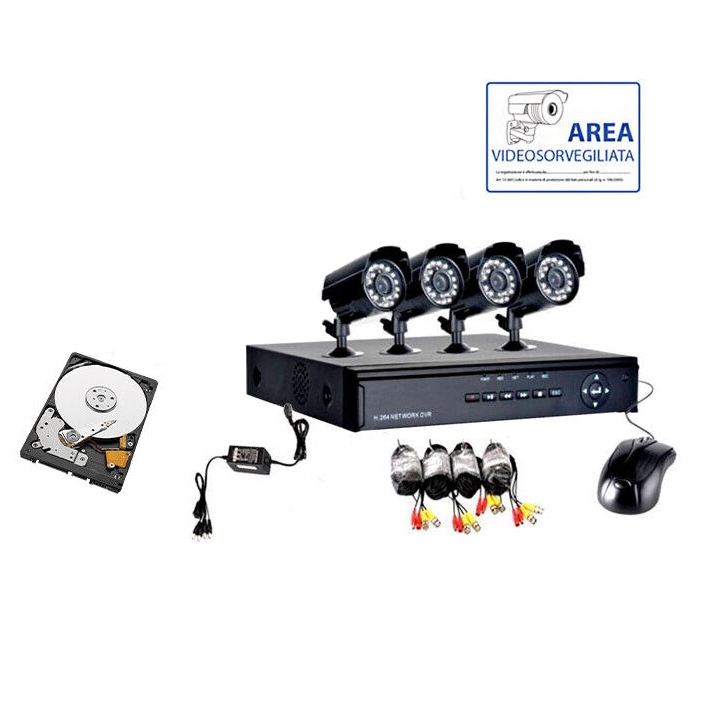 foto del prodotto kit videosorveglianza 4 telecamera infrarossi hd 2tb dvr alimentatore cavi