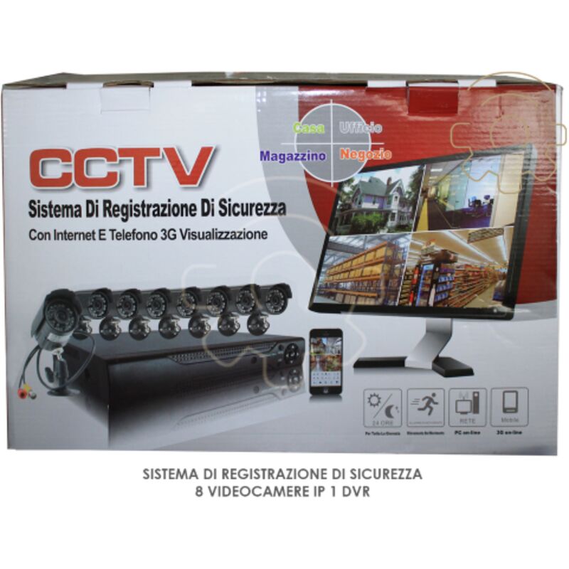 foto del prodotto kit videosorveglianza 8 videocamere ir colori hd ip usb lan 1 dvr alimentatori cavi telecomando supporti videosorveglianza videosicurezza tv pc