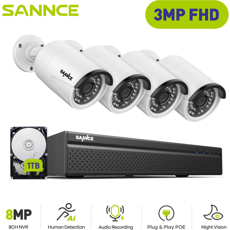 foto del prodotto kit videosorveglianza 8ch poe nvr 3mp 4 telecamere ir visione notturna incorporata sistema sicurzza 1tb sannce