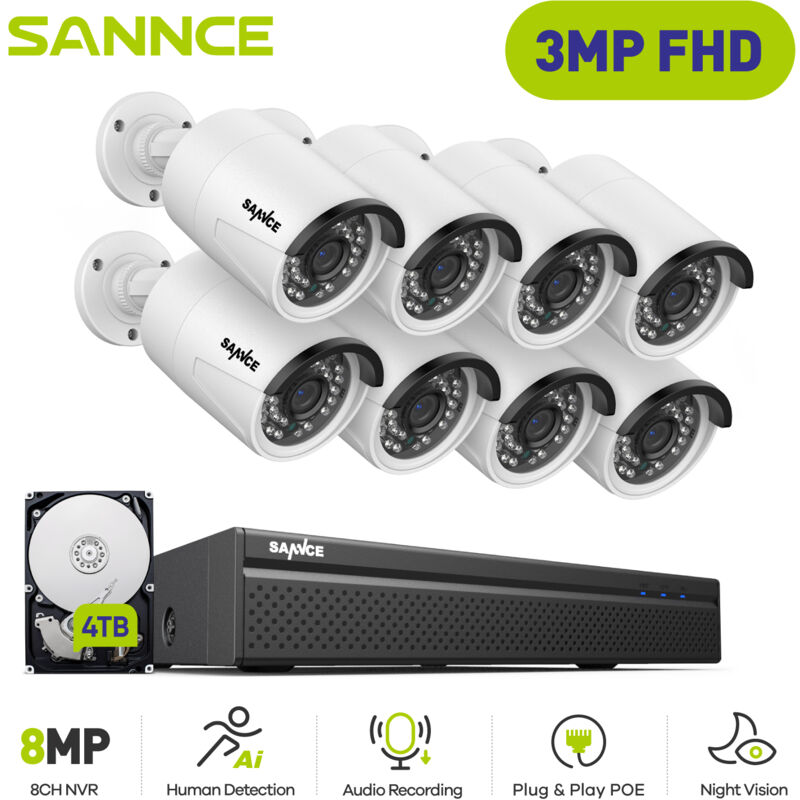 foto del prodotto kit videosorveglianza 8ch poe nvr 3mp 8 telecamere ir visione notturna incorporata sistema sicurzza 4tb sannce