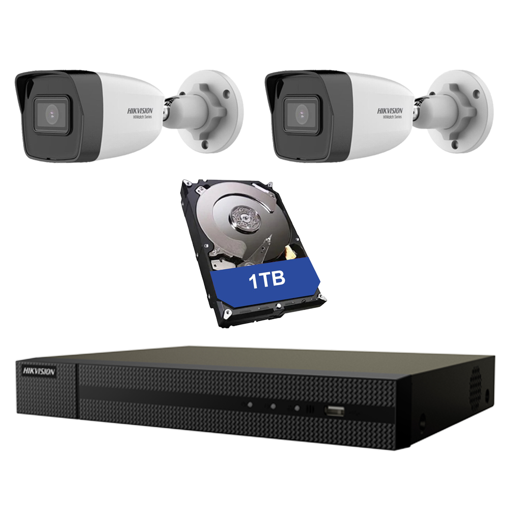 foto del prodotto kit videosorveglianza hikvision 2 telecamere 2mpx nvr poe 4 canali hd 1 tb