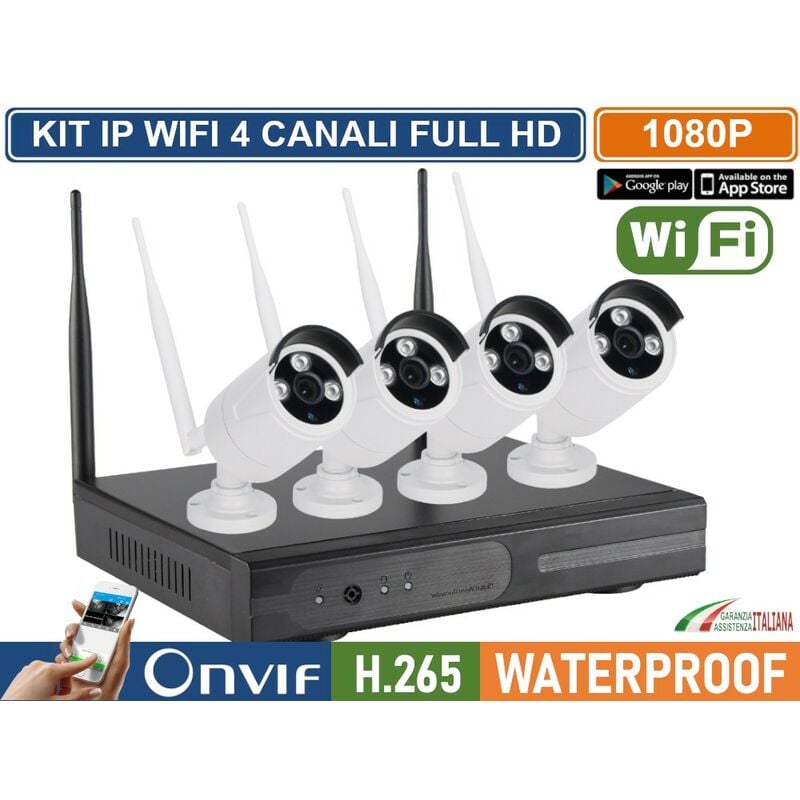 foto del prodotto kit videosorveglianza ip wireless wifi nvr 4 ch 4 telecamere bullet ir cut 2mp da esterno ip66