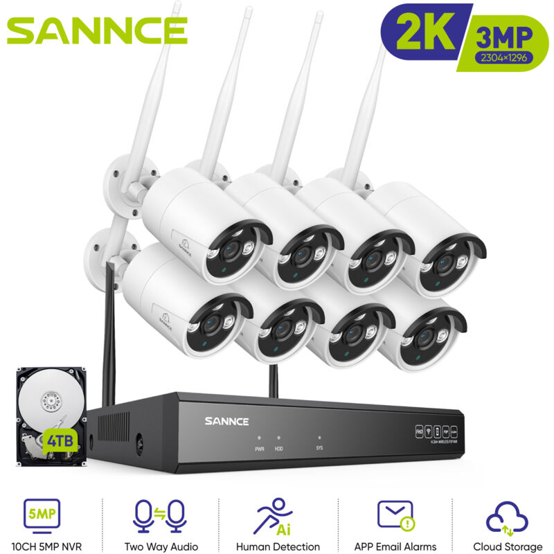 foto del prodotto kit videosorveglianza wifi 8ch con 8 telecamere wireless ip 3mp intelligenti microfono sistema di sorveglianza eseterno,4tb sannce
