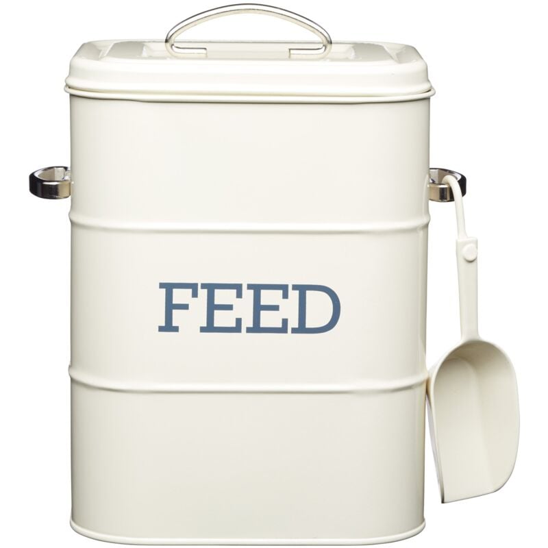 foto del prodotto kitchen craft living nostalgia barattolo di latta con scritta feed, da 3 kg, con cucchiaio, colore panna antica