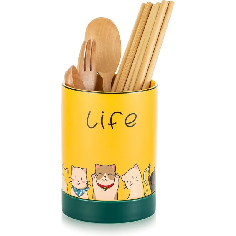 foto del prodotto kitchen utensil holder, ceramic cutlery holder with cute cat pattern, practical kitchen utensil organizer for baking tools, with weighted base, not