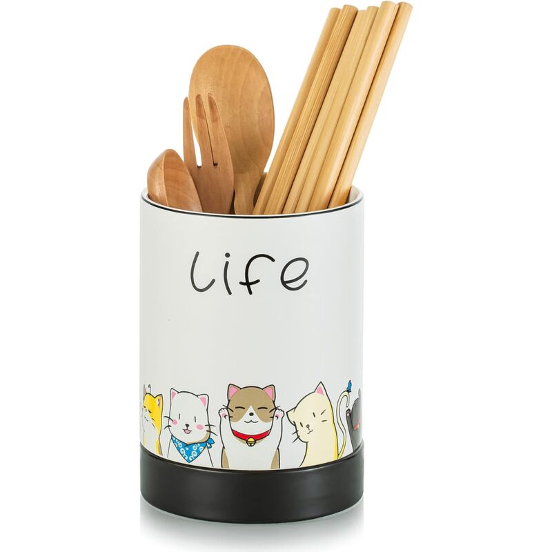 foto del prodotto kitchen utensil holder, ceramic cutlery holder with cute cat pattern, practical kitchen utensil organizer for cutlery, perfect gift for party, white