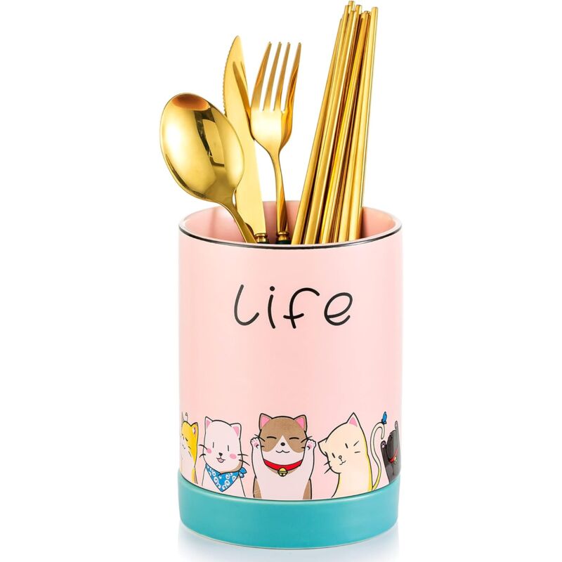 foto del prodotto kitchen utensil holder, cute cat pattern ceramic cutlery holder, practical kitchen utensil organizer for spoon fork, birthday gift, pink